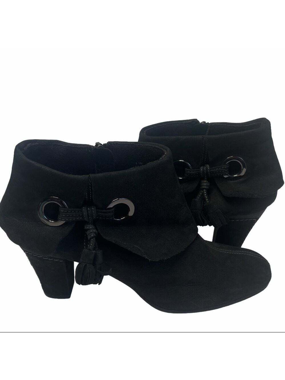 Antra Black Leather Fold Over Covered Heel Tie On Side Booties Ankle Booties